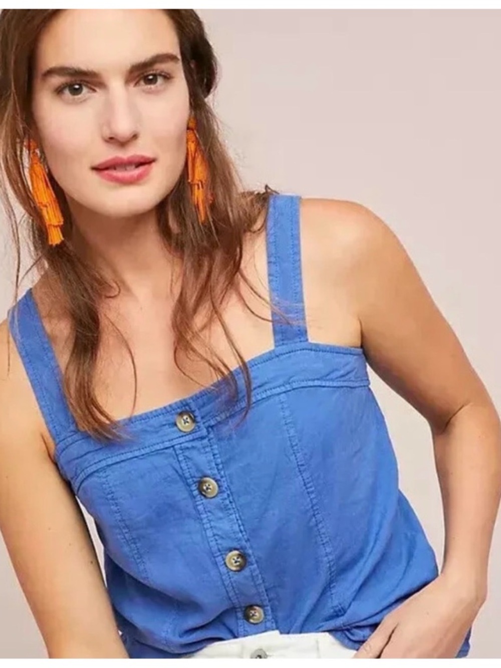 Anthropologie Maeve Berea Button Down Top Tank Size 8 Blue Linen Rayon